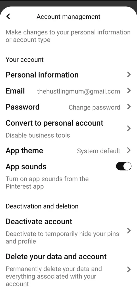 convert a business account into a personal account on a Mobile Device