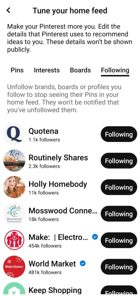 tune your Pinterest home feed based on who you follow