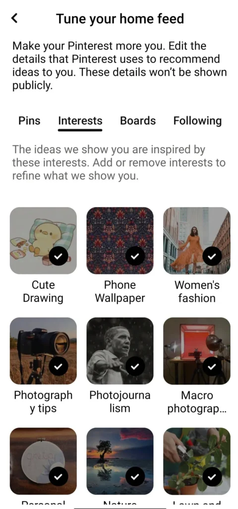 tune pinterest home feed