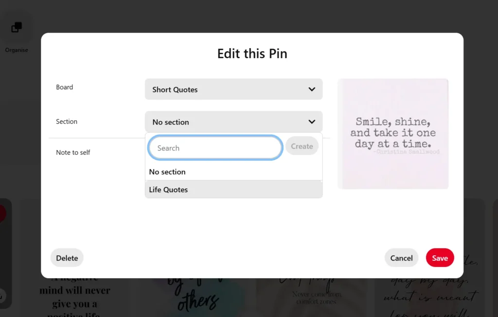 add pins to Pinterest board section