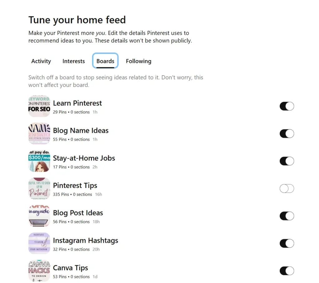 tune Pinterest home feed