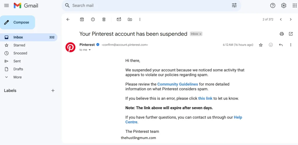 Pinterest account has been suspended