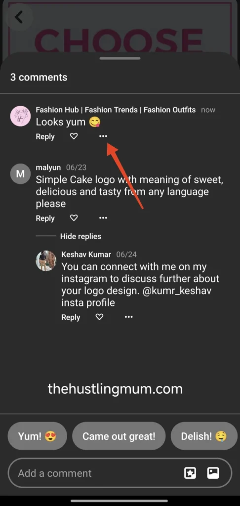 tap on the three dots under the pinterest comment