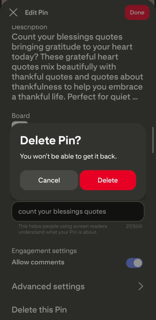 confirm to delete the pin