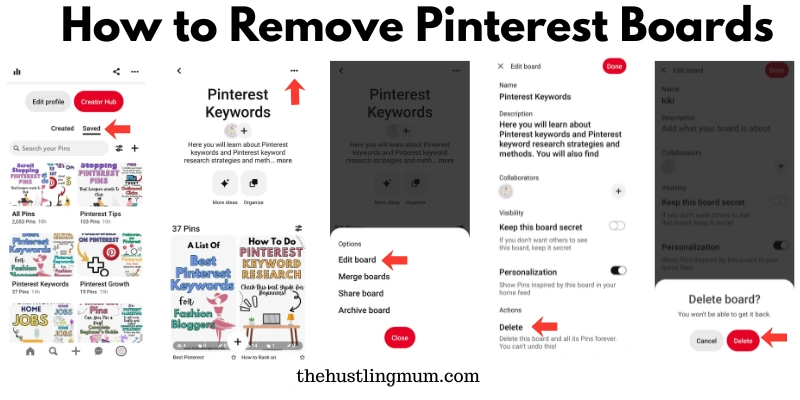 how to remove Pinterest boards on mobile