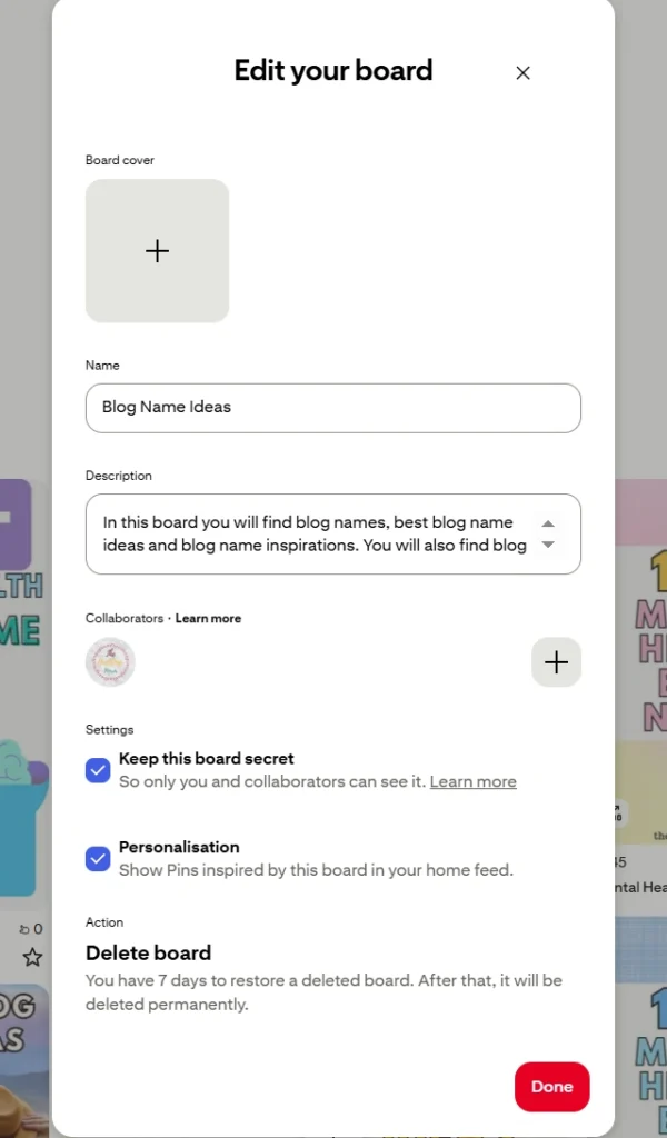 click done to make your board private